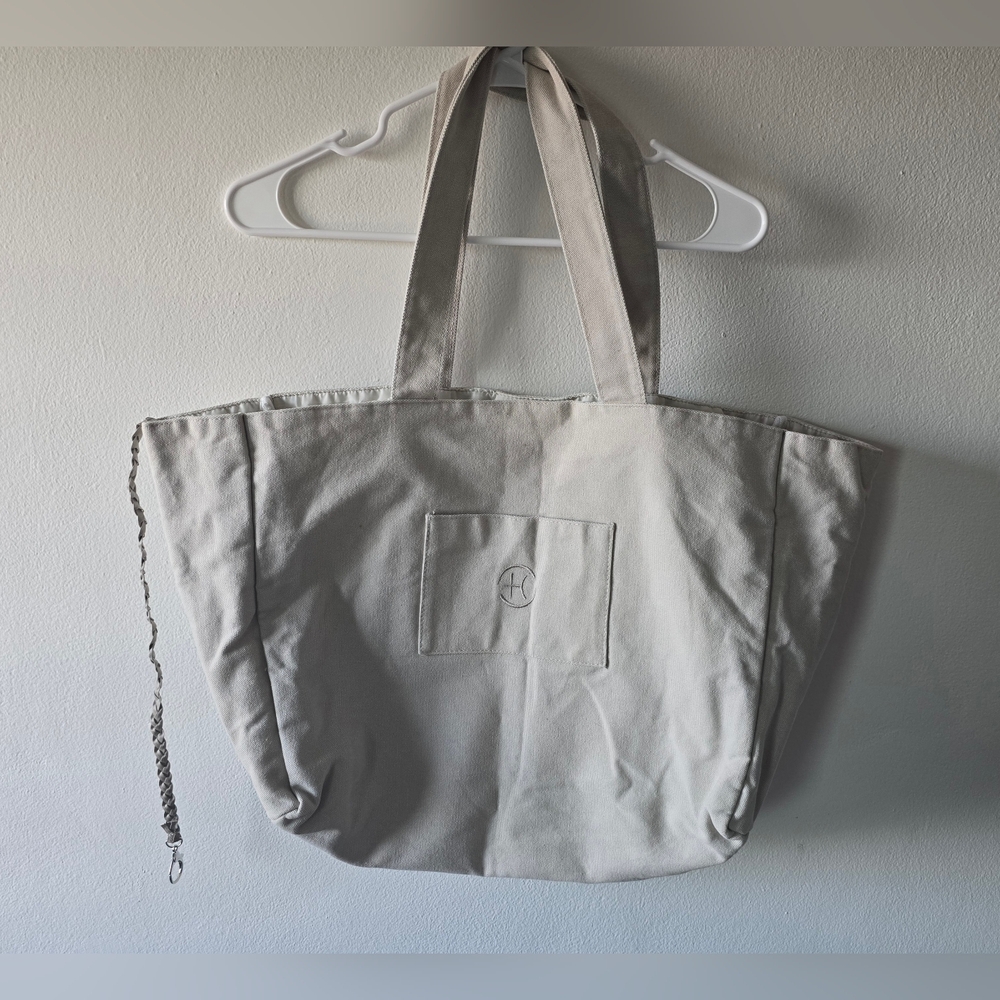 Canvas Tote Bag with Front Pocket - Neutral Beige